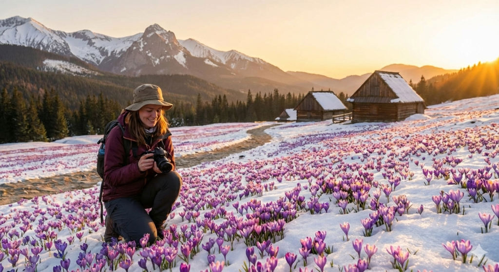 View of the Tatra Mountains in spring from the Miodowe Domki in Murzasichle