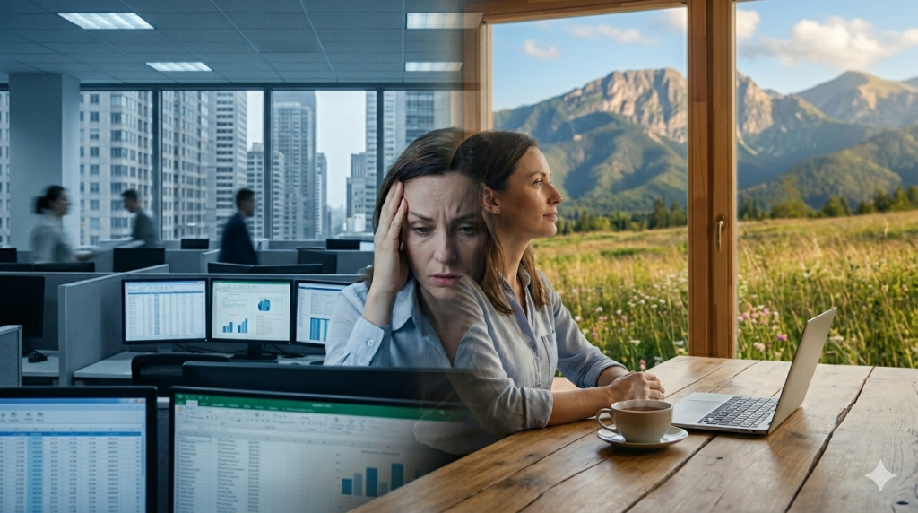 Workation in the Tatra Mountains: remote work combined with a mountain getaway. Relaxation with stunning views, a perfect harmony of work and leisure.