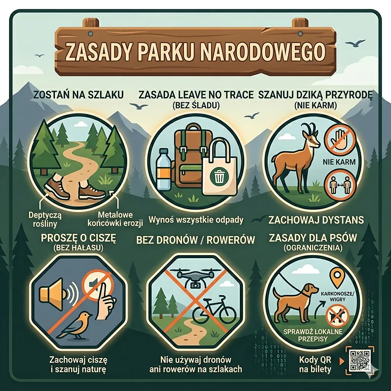 Zasady parku narodowego – zostań na szlaku, nie karm dzikich zwierząt i wynoś odpady